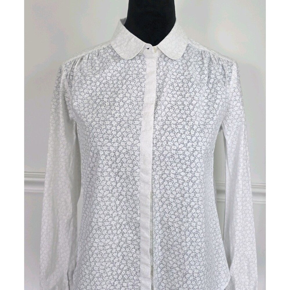 LOFT Women's White Gray Floral Button Cotton Blouse Long Sleeve Collared XS